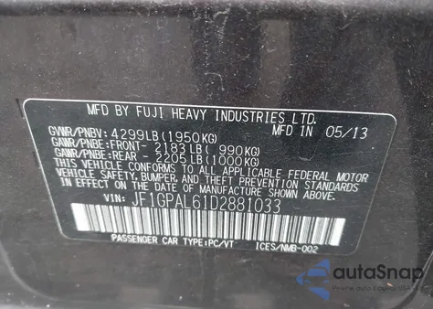 2013 Subaru Impreza 2.0I Sport Premium z USA, uszkodzony, nr VIN JF1GPAL61D2881033